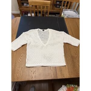 Ann Taylor White Open-Knit Pullover Sweater V-Neck 3/4 Sleeve XL